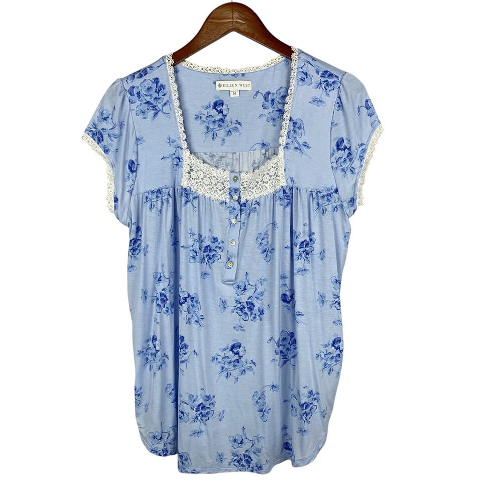 Eileen West Pajama Top Shirt Pretty Pansies Blue Floral Modal Lace Trim Womens M